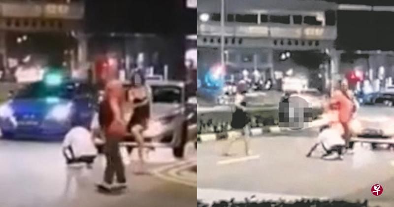 身穿黑色连身裙的女郎，在路上追打一名光头叔，还当众脱衣。（视频截图）