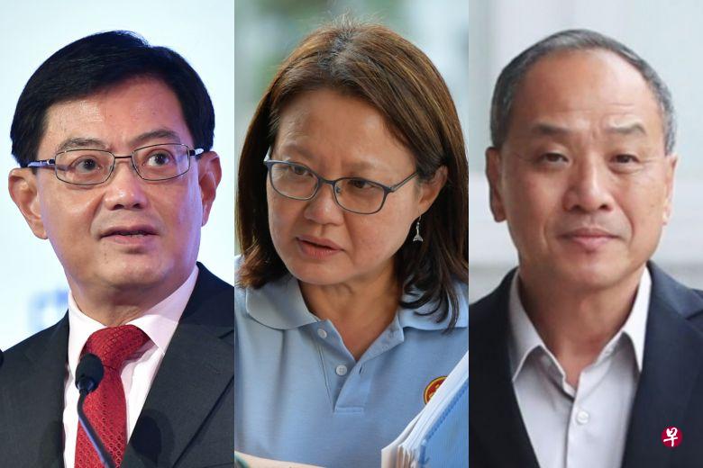 副总理兼财政部长王瑞杰（左）今天提出国会动议，强调法庭判定刘程强（右）和林瑞莲（中）行为不诚实、有违受托责任，应该回避一切阿裕尼—后港市镇理事会相关的财政事务。（档案照） 