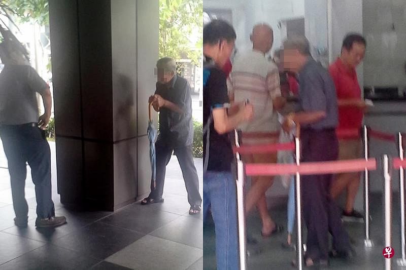 驼背老翁被指称自己无家可归，在商场外向路人乞讨（左图），后来被拍到在投注站买万字票。（受访者提供）