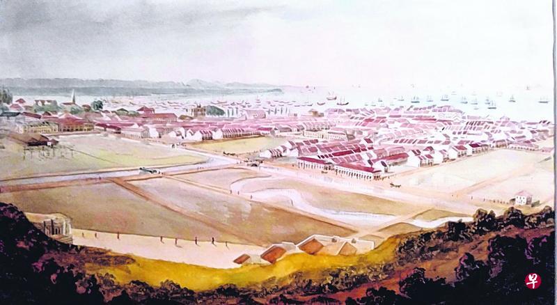 1847年从珍珠山远望唐人街，两排建筑之间的空地为芳林公园。