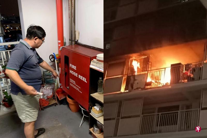 武吉巴督21街第210A座组屋一单位上周五（1日）凌晨4时30分失火（右图）。图中居民告诉记者，事发时发现消防栓上锁（左图）。（档案照）