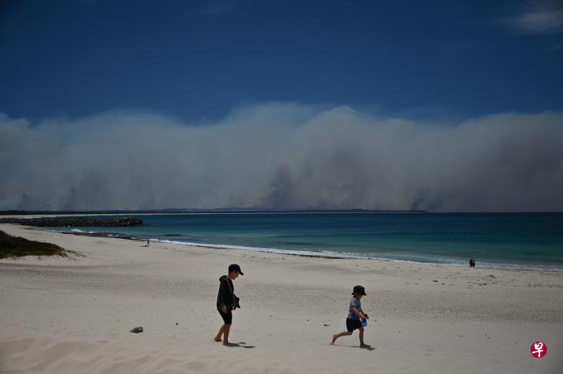 在悉尼以北300公里外的福斯特沿海地区，不断蔓延的林火失控，浓烟笼罩天空，如同筑起一道高高的烟墙。（法新社）