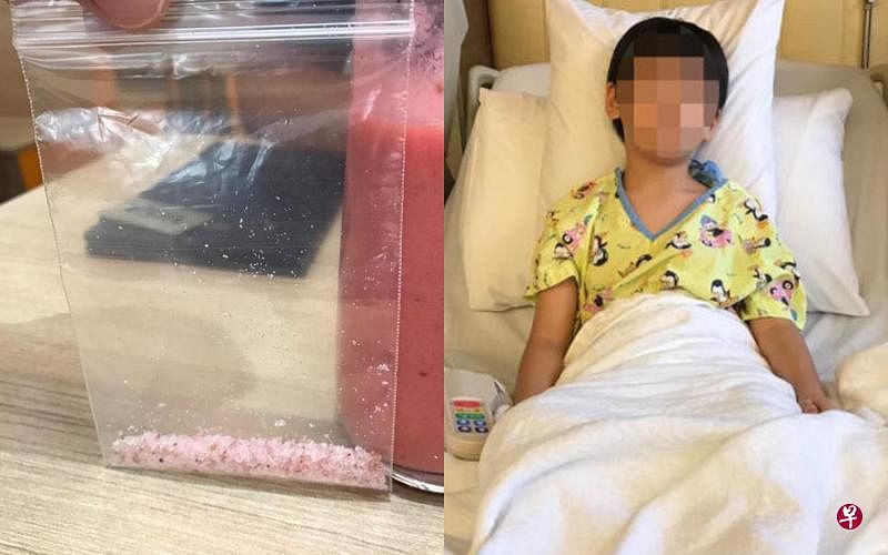 （左图）吴女士的七岁儿子不时申诉喉咙疼痛。（右图）吴女士和七岁大的儿子喝下掺杂碎玻璃的莓果冰沙而入院观察。（档案照）