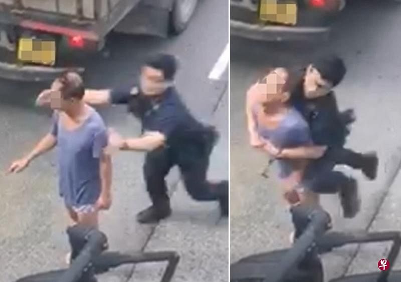 警员捉准时机， 飞扑向男子将他制伏。（视频截图）