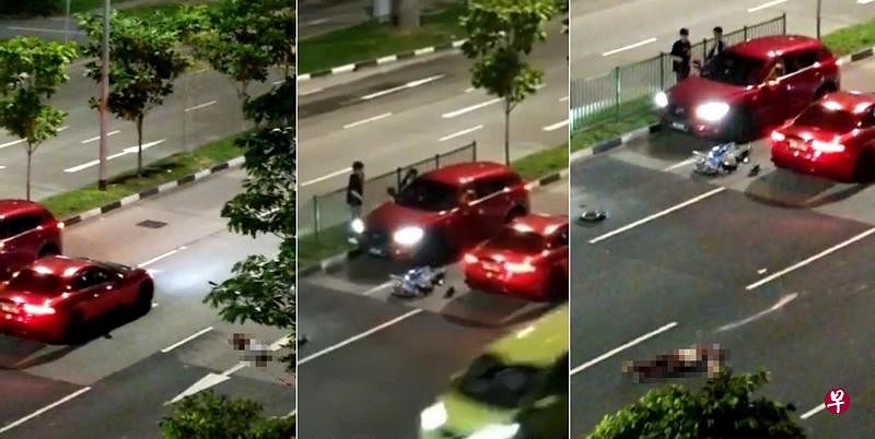 跑车撞倒死者后，另一辆黄色轿车随后碾过死者，再将其拖行5米。（截取视频）