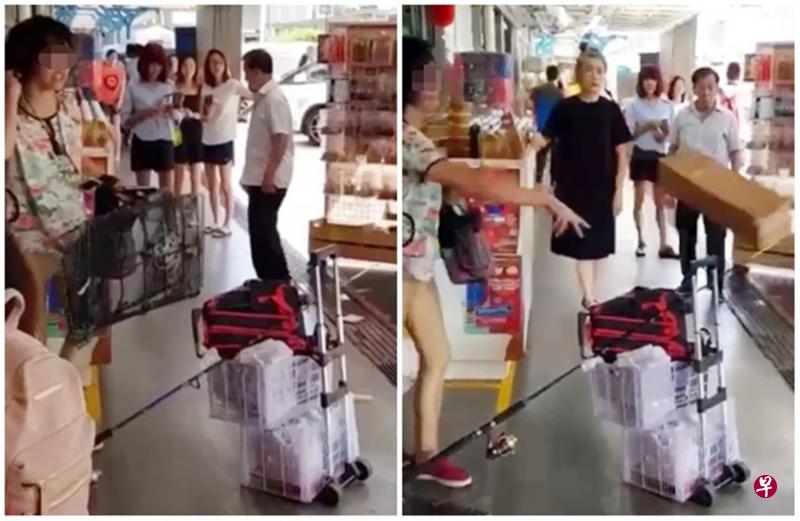 左图：“百万嫂”在美发院前用脏话怒骂职员。（取自面簿）右图：“百万嫂”上星期日在大巴窑大闹美发院，并在美发院前乱扔杂物。（取自面簿）