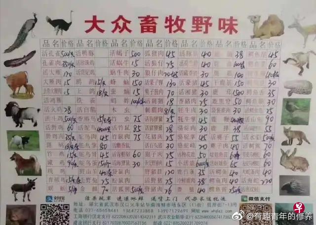 网传的“大众畜牧野味”的价目表。（互联网）