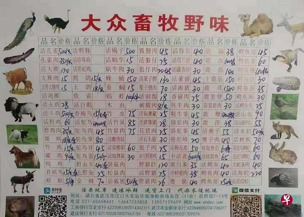 中国一个野味市场的价目表。（取自网络）