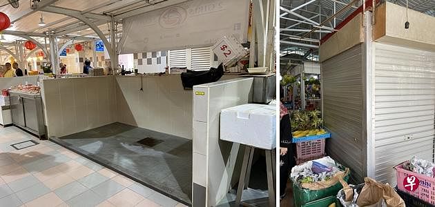 庙弯巴刹的一元档口，也仍未有营业的迹象。（左图） ；勿洛北3街这个摊位以一元标下，也不见有人开档做生意。（右图）