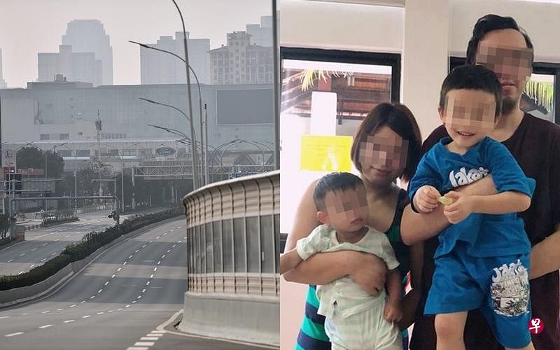 （左图）中国武汉受冠病疫情影响。（右图）恭振帕福康悦（右一）与妻子和两个孩子滞留武汉。（法新社/受访者提供）