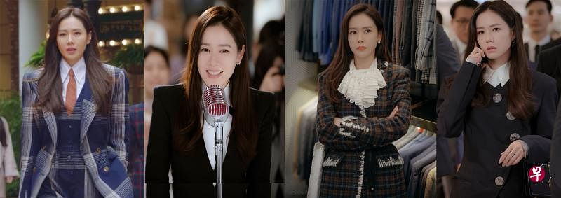 女主角尹世莉阔肩西装造型，女王范十足。（图片取自tvN）