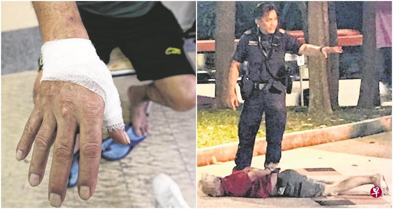 左图：水果店助手王先生为了阻止男子偷钱，尝试将他压制在地，结果混乱中拇指当场骨折。（饶进礼摄）右图：男子被四名男子制伏，警员到场后将他上手铐逮捕。（受访者提供）