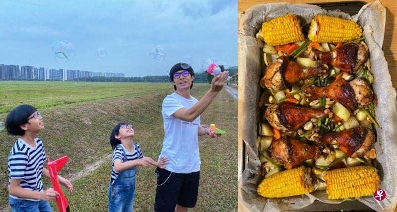 杨志龙带两个孩子到户外活动，也用心准备他们的三餐（右图）。（受访者提供）