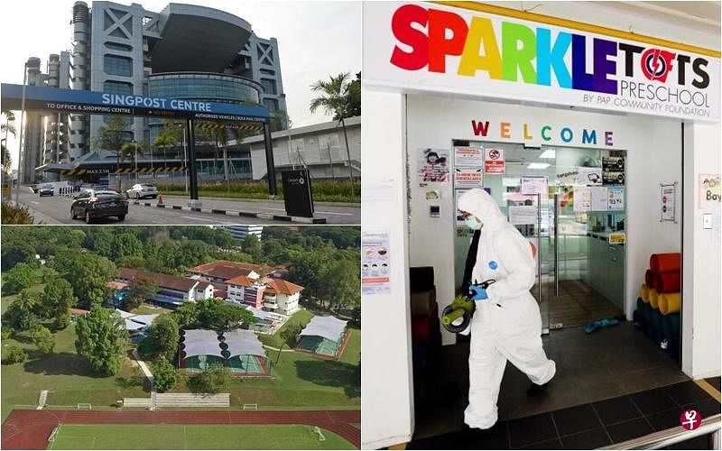 本地出现的三个新感染群，包括（左起顺时钟）新邮政中心、凤山Sparkletots学前教育中心，以及杜佛阁国际学校。（档案照/取自面簿）