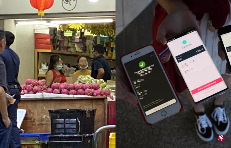 （左图）郭姚瑶和母亲到水果店找少东，水果店助手报警，警方到场调解。（右图）郭姚瑶与同事出示借钱给少东的转账证明。