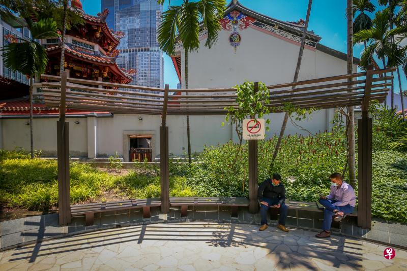 在树荫下小歇，不忘保持社交距离。