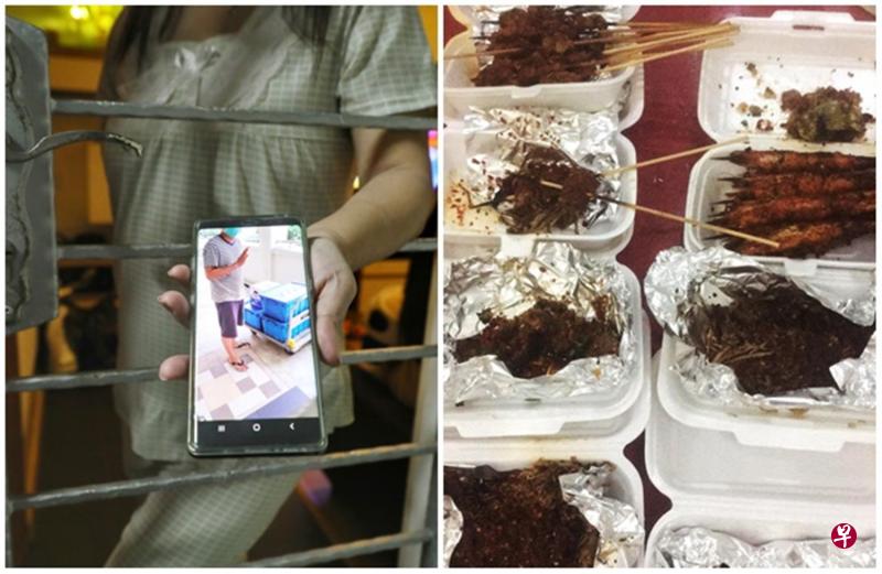 左图：黎先生的太太出示他们拍的照片，图为来自乌节路中餐馆的送货员带着超过400元的食物上门。（林国明摄影）右图：为免浪费食物，中餐馆老板余先生过后把外卖食物让员工享用。（受访者提供）