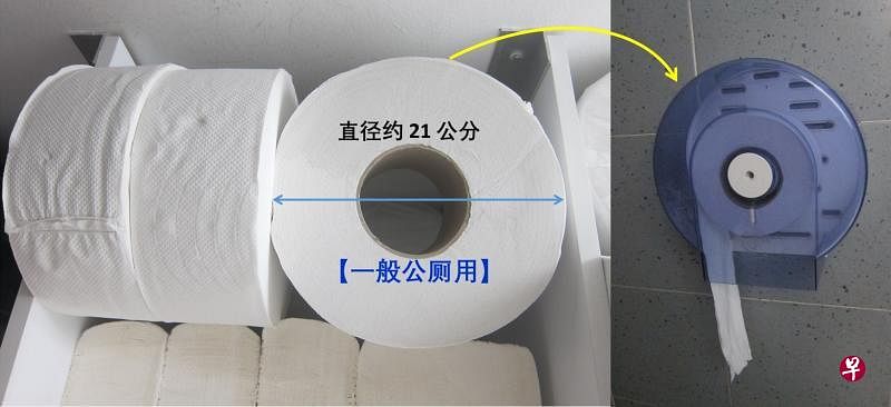 公共厕所常用的大型厕纸器和厕纸。（作者提供）