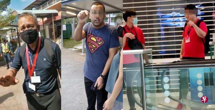 （左图）陆交局人员劝告送餐员戴上口罩，却被后者不断质问和拍下视频。（中）  穿着运动装的男女被一名男网友跟拍，后者谴责运动男如果没有在跑步的话就应该戴上口罩。（视频截图）  （右图）安全距离大使被民众看见没戴口罩，后来也被罚款300元。（取自网络） 
