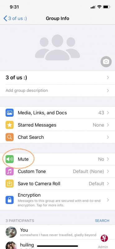 （左图）点击WhatsApp群组名称，就会看到群组资讯，点击Mute（静音）。（右图）你可选择静音八小时、1周或1年。