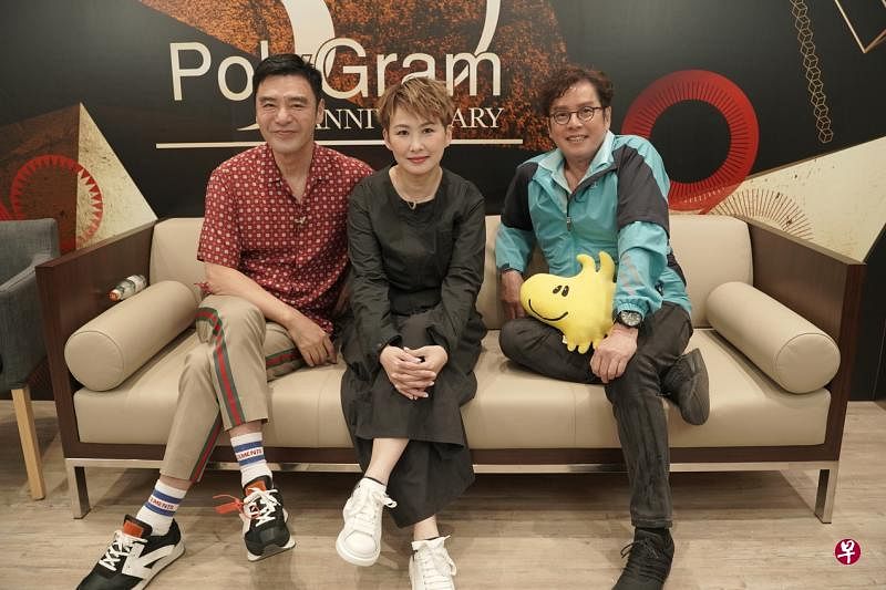 钟镇涛（左起）、汤宝如和谭咏麟出席“宝丽金50周年记者会”。（宝丽金提供）