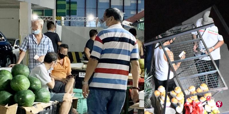 左图：数名阿叔在水果档外聚集，手里拿着现金，互相交谈。右图：男子站在水果摊附近收钱。