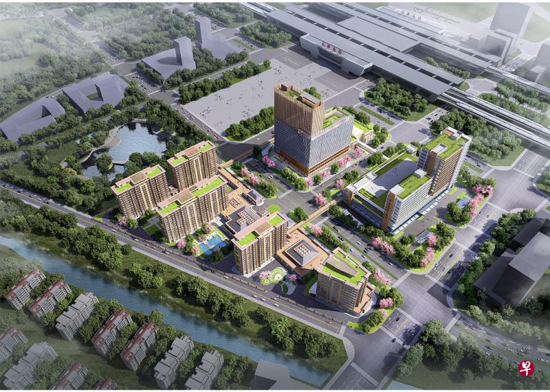 鹏瑞利置地在中国四个城市的高铁站旁都设有医疗保健和商业设施综合项目，图为毗邻高铁天津南站的鹏瑞利国际健康商旅城。（构想图由鹏瑞利提供）