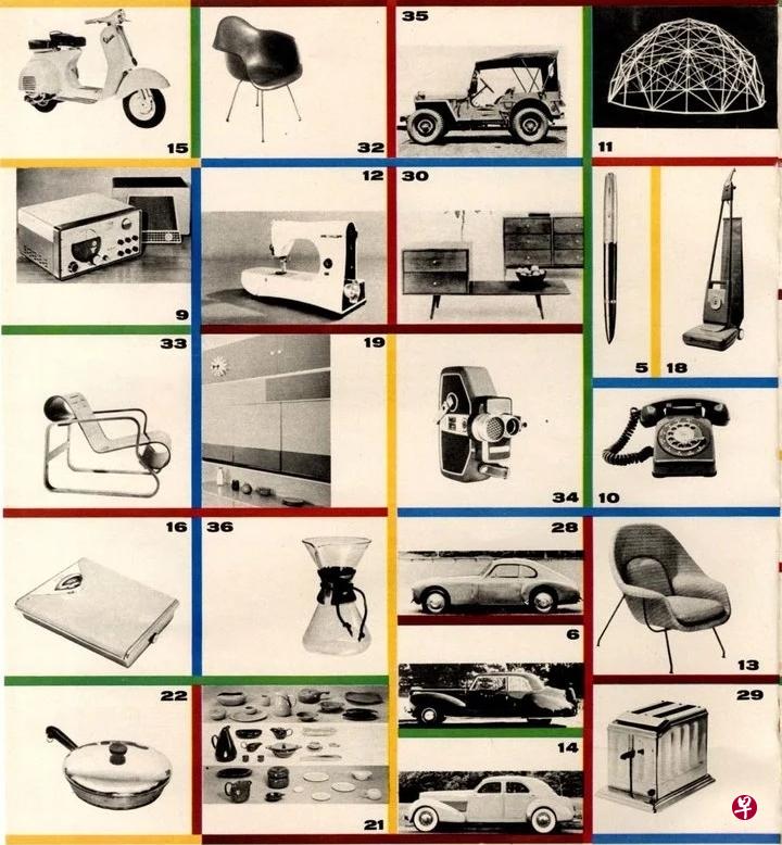 1959年榜单有14项汽车，椅子等家具电器，Olivetti Lettera 22携带式打字机名列榜首。 