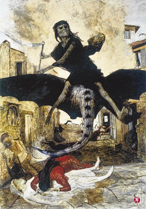 瑞士象征主义画家勃克林1898年画的《黑死病魔》。（互联网）