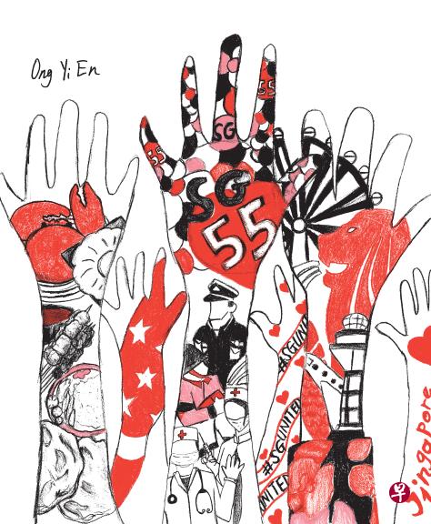 崇辉小学生王艺蒽的“为新加坡举手”，向抗疫的前线医护人员致敬。