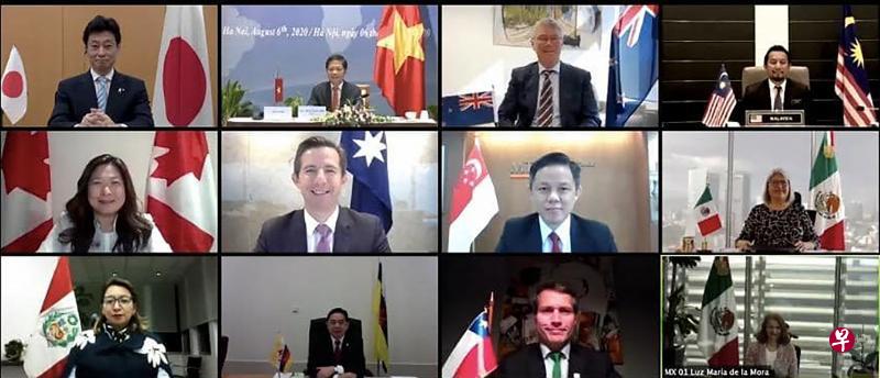 我国贸工部长陈振声（第二排左三）昨天通过视讯方式参加由墨西哥经济部长格拉谢拉·马克斯主持的《跨太平洋伙伴全面进展协定》委员会会议。（墨西哥经济秘书处提供）