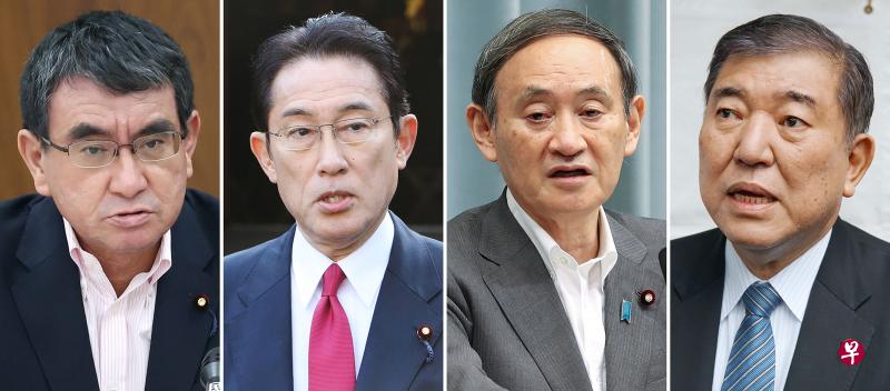 安倍晋三宣布辞职后，执政自民党决定尽快选出新党魁，争取9月17日选出新首相。日本自民党新党魁热门人选包括防卫相河野太郎（左一）、获安倍提拔的自民党政务调查会长岸田文雄（左二）、内阁官房长官菅义伟（左三）和上届党总裁选举挑战安倍失败的前干事长石破茂（左四）。（法新社） 