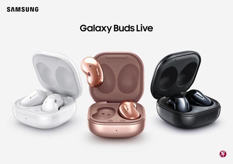 三星Galaxy Buds Live设计独特，佩戴时平贴在耳道外（右图）。