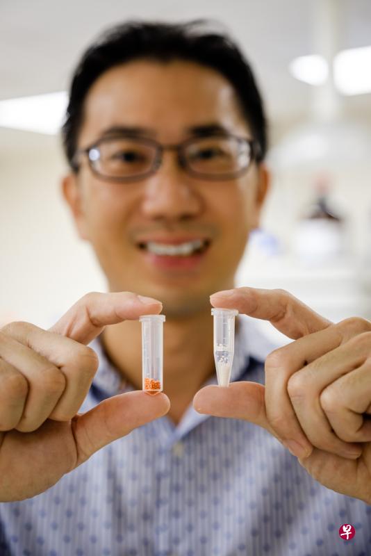 南洋理工大学材料科学与工程学院副教授吕世财博士与团队研发的胶囊附有空心设计，能让它浮在胃酸液体上，24小时缓慢释放药物。（南洋理工大学提供）
