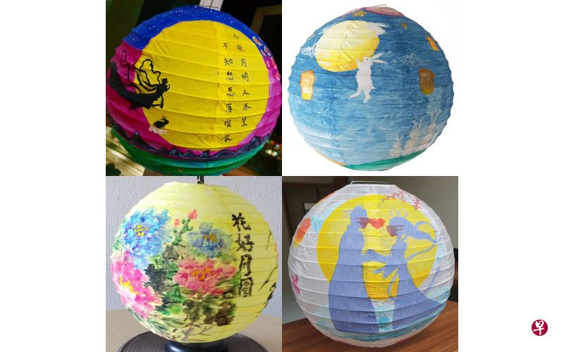 嫦娥、玉兔、明月纷纷入画，以上为灯笼绘画比赛部分得奖者的作品。（华文媒体集团提供）