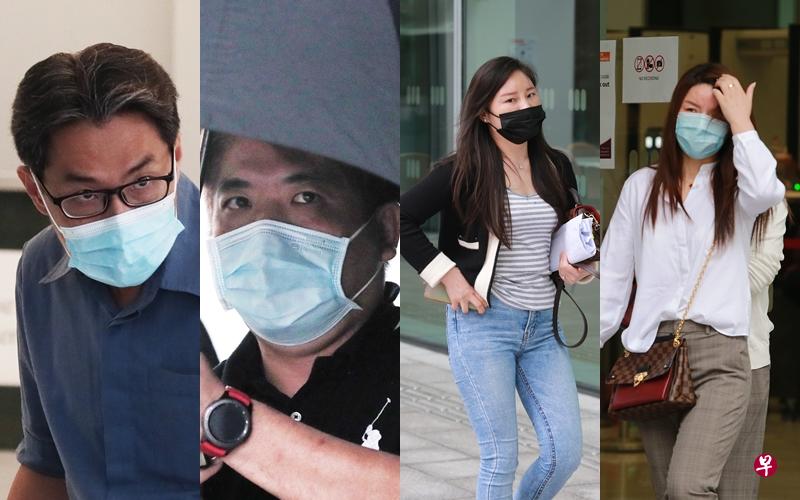 移民与关卡局的关卡稽查员张伟平（左一）面对12项抵触防止贪污法令的控状。左二是车行经理林志伟，他涉嫌谎称曾在移民与关卡局工作，有门路可帮忙受贿女子取得特别准证。右二为中国籍女子梁青兰，她被控提供金钱和性服务贿赂张伟平。另一名中国籍女子成文娟（右一），则被控以金钱和性来贿赂张伟平和林志伟。（海峡时报／唐家鸿摄）