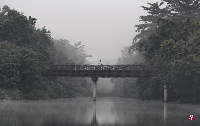 朦胧黄昏／榜鹅水道公园／陈勇霖摄：在新加坡，雾气并不常见。我的挑战是：把镜头瞄准这座桥，等了一个小时，才有合适的人经过入镜。（国家公园局提供）