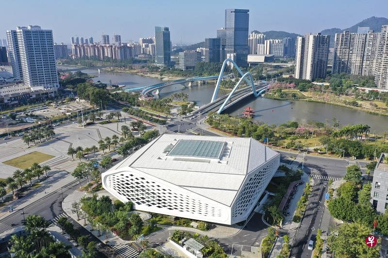 粤港澳大湾区指的是珠江三角洲沿岸、广东省、香港和澳门形成的11座城市群。图为广东省会广州市南沙区的“人工智能”图书馆。该馆占地面积约1.1万平方米，藏书量90万册，馆内配备刷脸办证借还、AR眼镜个性化服务、资源导航、机器人自助书籍分拣等人工智能系统。（中新社）