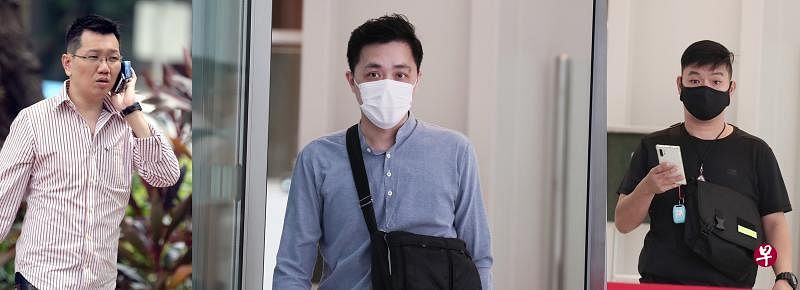 李承彦（左，档案照）因开玛莎拉蒂拖行交警超过百米被判入狱，如今他涉及的贿赂案，三名同伙今早被控。张嘉正（中，海峡时报）案发是星和的员工。 符积安案发时是新电信的员工。（海峡时报） 