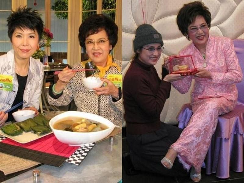 李香琴（左图右）71岁生日时收关菊英和戚美珍（右图左）为干女儿。（互联网）
