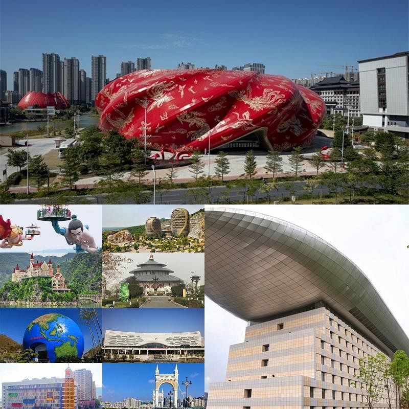 2020年度中国十大最丑陋建筑，广州融创大剧院（上图）排名第一。排第二的吉林延边长白天地度假酒店（右下）设计上则出现新加坡滨海湾金沙酒店的影子。左下角为排名第二至第十的建筑。（建筑畅言网图片组合）