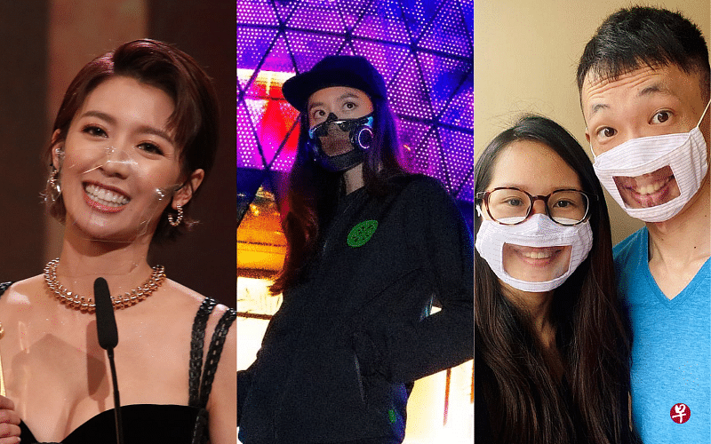 透明口罩款式多样还有不同的目的，如香港艺人日前佩戴的若有似无全透明口罩（左）、本地电玩科技公司雷蛇推出的透明智能口罩（中），以及本地夫妇为方便听障人士读出唇语的半透明口罩。（早报制图）