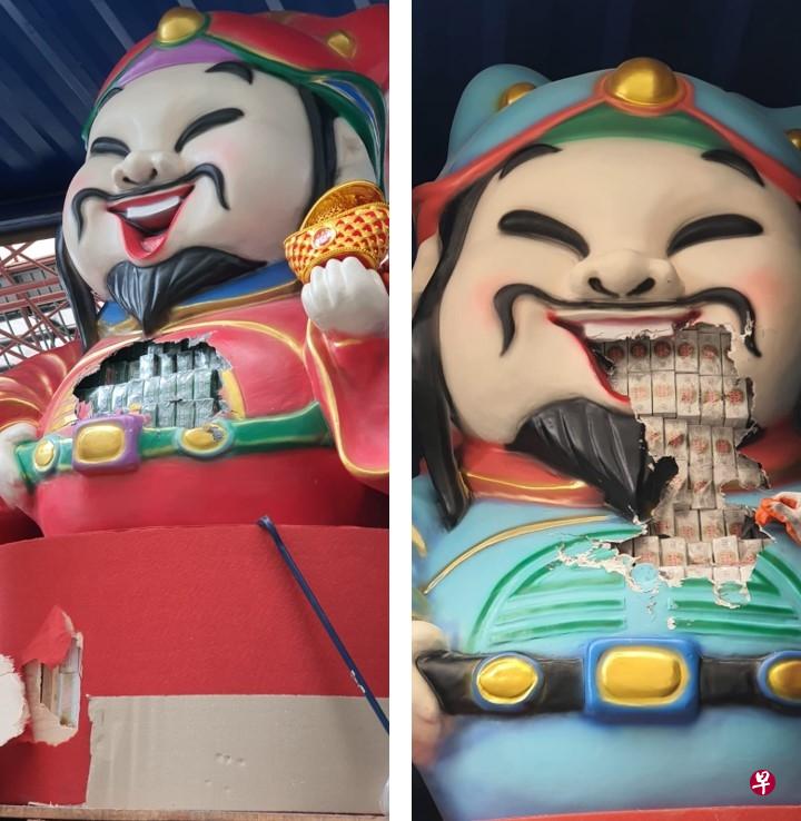 执法人员将两米高笑容可掬的“财神爷”敲破后，从肚里起获不同牌子的漏税烟。（取自移民与关卡局面簿）