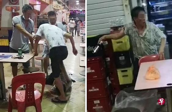 银发叔倒地，白衣叔还上前踩踏数脚；右图为银发叔虽然头破血流，但还是拿起一瓶啤酒试图反击。（视频截图） 