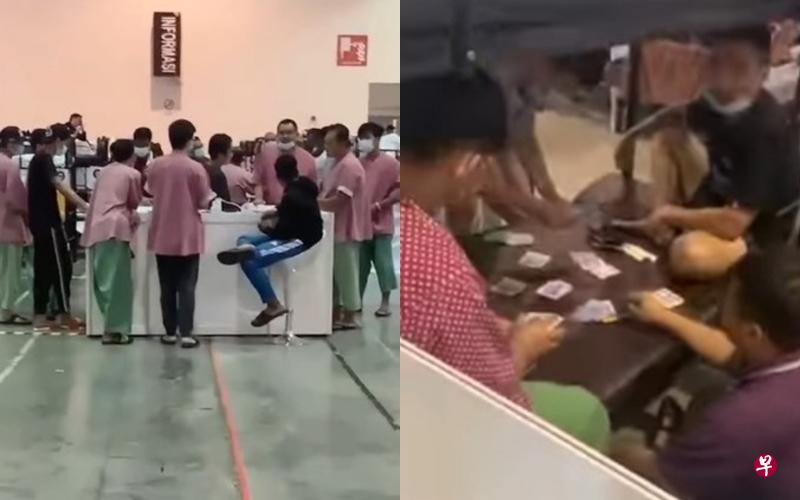 疑似在沙登农业博览馆冠病隔离中心拍摄的视频（左图），可见供人兑换筹码的“柜台”，台边围着不少身穿隔离中心病服的隔离者。右图为隔离者在床上聚赌，一些人还穿着红色病服。（面簿视频截图）