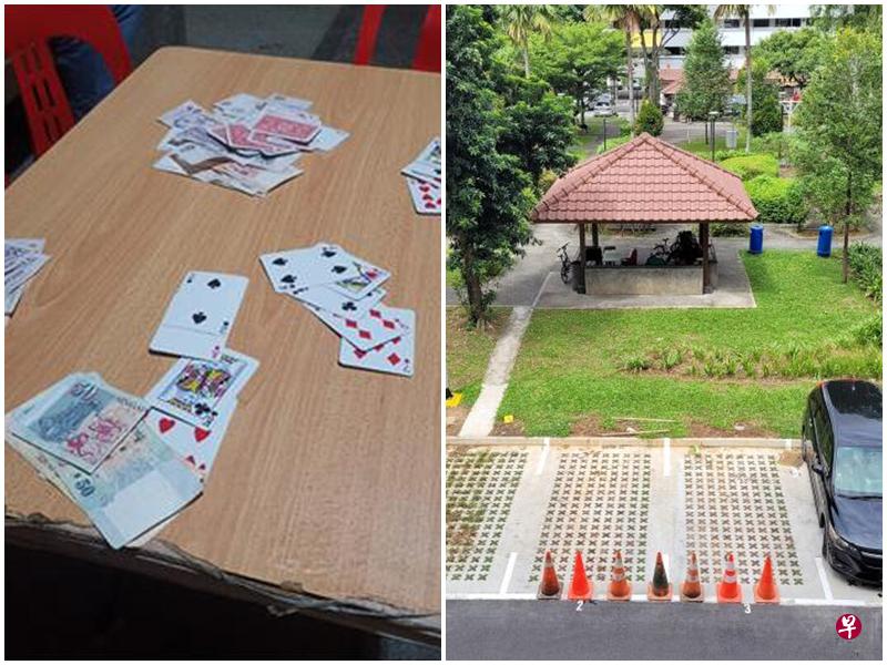 （左）警方起获400元现金及赌局。（警方提供）（右）居民称该凉亭不时都能见到有人聚集聊天。（徐颖荃摄） 