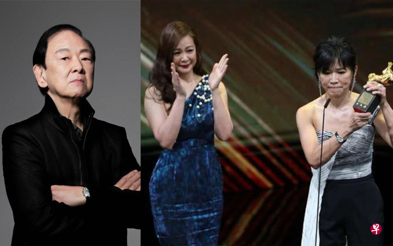 王羽获金马奖颁发终身成就奖时，两个女儿王馨平（右图左）和王加露代领。（互联网）