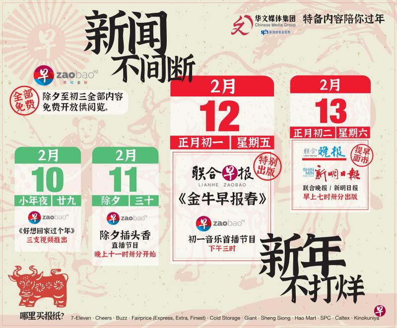 《联合早报》98年来首次在大年初一出版，为读者献上充实和有年味的内容。（早报制图）