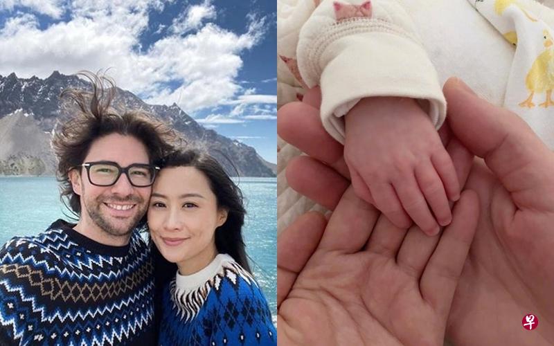 陈法拉（右）与法籍老公Emmanuel十分恩爱，情人节晒出一家三口握手照（右图）报喜。（互联网）