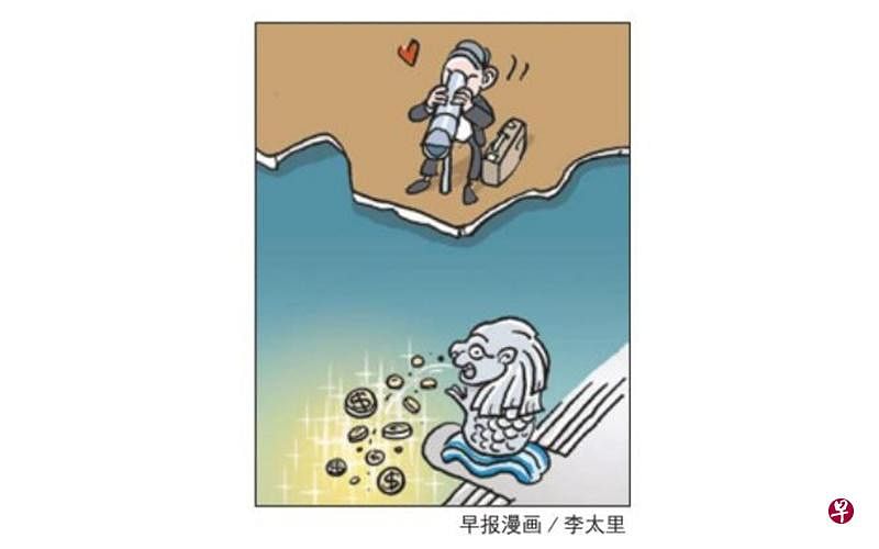 新加坡股市今年来表现亮眼，也有更多海外投资者前来寻找机会，包括来自中国的投资者。（早报漫画／李太里）